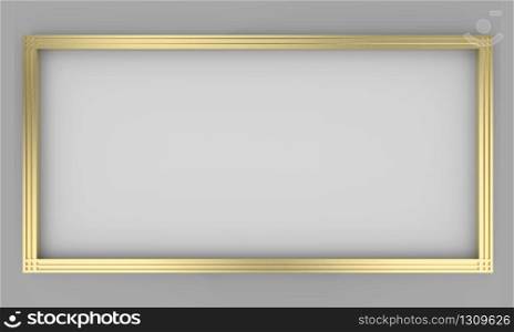 3d rendering. Empty white rectangle shape board gold frame on gray background.