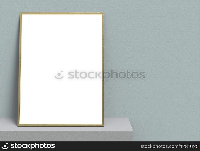 3d rendering. Empty white rectangle shape board mock up frame with light blue wall as background.