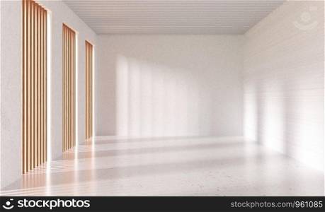 3d rendering Empty white room with whitewashed floating marble flooring and wooden window
