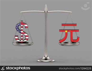 3d rendering. flag color US dollar and chinese yuan currency sign comparing on balance scale.