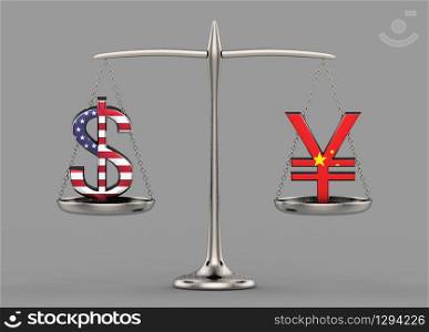 3d rendering. flag color US dollar and chinese yuan currency sign comparing on balance scale.