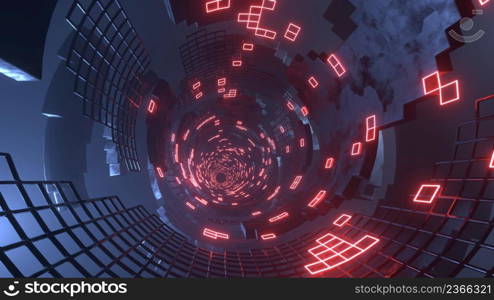 3D Rendering. Flight in abstract sci-fi tunnel. Futuristic motion graphics, high tech background. Time warp portal, lightspeed hyperspace concept. Glowing hi tech texture. Cyberpunk. 3D Rendering. Flight in abstract sci-fi tunnel. Futuristic motion graphics, high tech background