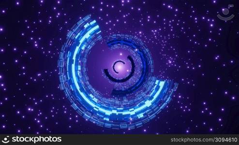 3D Rendering. Flight in abstract sci-fi tunnel. Futuristic motion graphics, high tech background. Time warp portal, lightspeed hyperspace concept. Glowing hi tech texture. Cyberpunk. 3D Rendering. Flight in abstract sci-fi tunnel. Futuristic motion graphics, high tech background