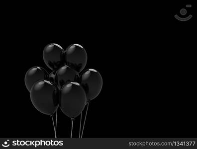 3d rendering. Floating black balloons isolated on black background. Horror halloween object concept