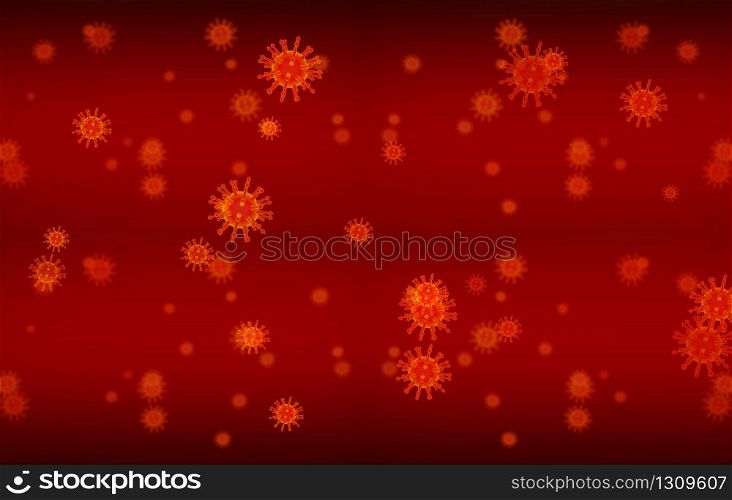 3d rendering. flowing many Dangerous Covid-19 corona virus sign symbol cells on blood background.