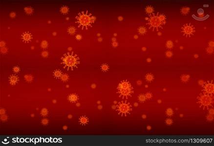 3d rendering. flowing many Dangerous Covid-19 corona virus sign symbol cells on blood background.