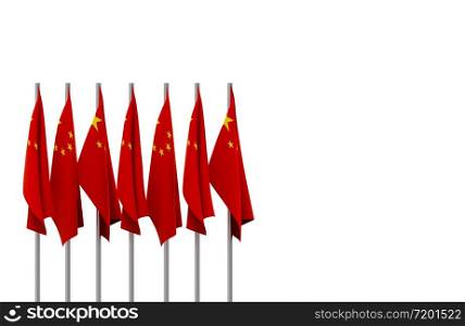 3d rendering. folding Chinese National flag poles row with clipping path isolated on white background.