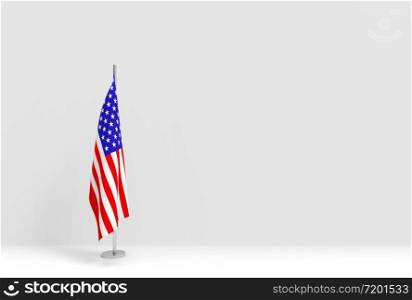 3d rendering. folding United State of America National flag poles podium on empty gray cement wall stage background.