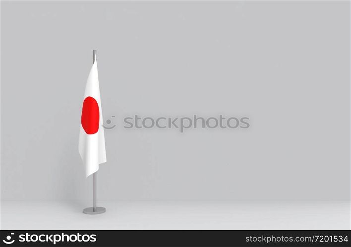 3d rendering. folding waving Japanese national flag podium on empty gray cement wall stage background.