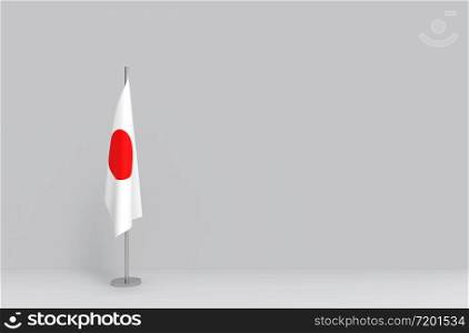 3d rendering. folding waving Japanese national flag podium on empty gray cement wall stage background.