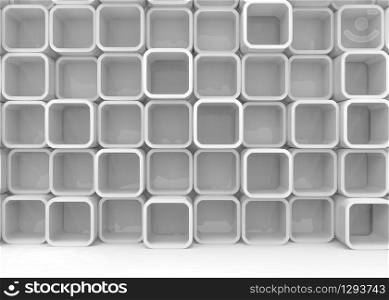 3d rendering. front view of a random gray hole square blocks stack wall background on the floor.