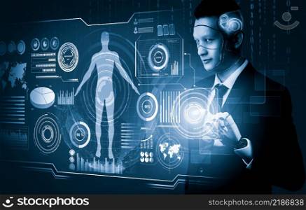 3D rendering futuristic droid robot technology development, artificial intelligence AI, and machine learning concept. Global robotic bionic science research for future of human life.. Futuristic AI thinking of droid robot artificial intelligence concept