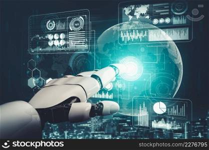 3D rendering futuristic droid robot technology development, artificial intelligence AI, and machine learning concept. Global robotic bionic science research for future of human life.. Futuristic AI thinking of droid robot artificial intelligence concept