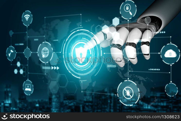 3D Rendering futuristic robot technology development, artificial intelligence AI, and machine learning concept. Global robotic bionic science research for future of human life.