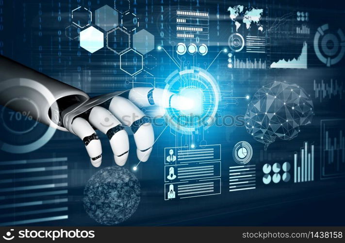 3D Rendering futuristic robot technology development, artificial intelligence AI, and machine learning concept. Global robotic bionic science research for future of human life.