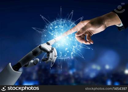 3D Rendering futuristic robot technology development, artificial intelligence AI, and machine learning concept. Global robotic bionic science research for future of human life.
