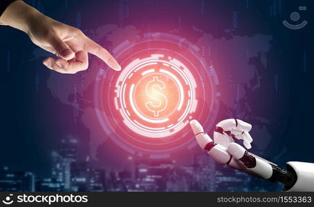 3D Rendering futuristic robot technology development, artificial intelligence AI, and machine learning concept. Global robotic bionic science research for future of human life.