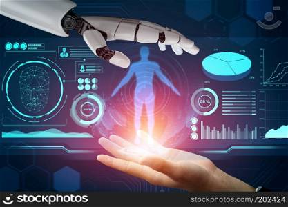 3D Rendering futuristic robot technology development, artificial intelligence AI, and machine learning concept. Global robotic bionic science research for future of human life.