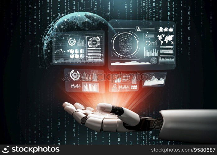 3D Rendering Futuristic robot technology development, artificial intelligence AI, and machine learning concept. Global robotic bionic science research for future human life. 3D illustration. Futuristic robot artificial intelligence concept. 3D illustration.