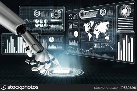 3D Rendering Futuristic robot technology development, artificial intelligence AI, and machine learning concept. Global robotic bionic science research for future human life. 3D illustration. Futuristic robot artificial intelligence concept. 3D illustration.