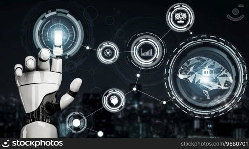 3D Rendering Futuristic robot technology development, artificial intelligence AI, and machine learning concept. Global robotic bionic science research for future human life. 3D illustration. Futuristic robot artificial intelligence concept. 3D illustration.