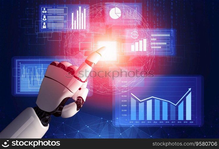 3D Rendering Futuristic robot technology development, artificial intelligence AI, and machine learning concept. Global robotic bionic science research for future human life. 3D illustration. Futuristic robot artificial intelligence concept. 3D illustration.
