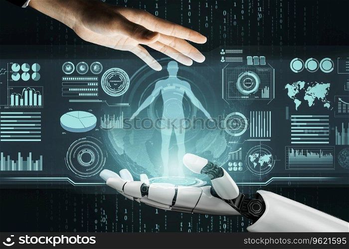 3D Rendering Futuristic robot technology development, artificial intelligence AI, and machine learning concept. Global robotic bionic science research for future human life. 3D illustration. Futuristic robot artificial intelligence concept. 3D illustration.