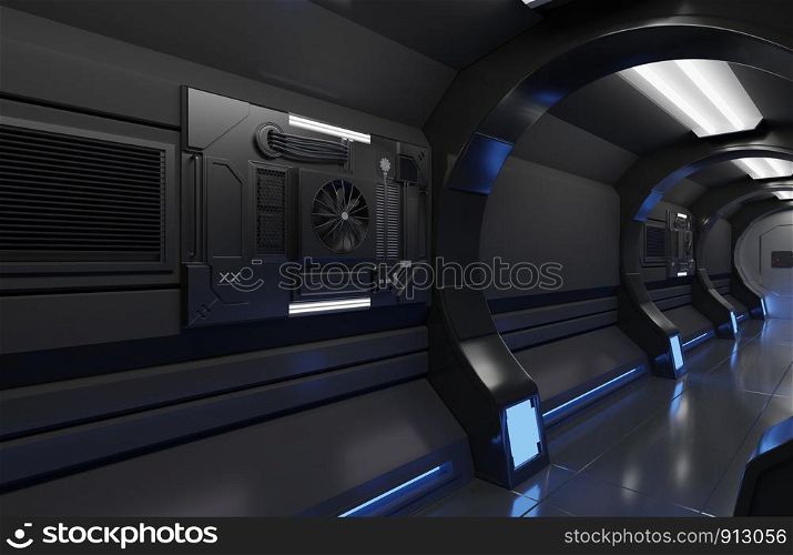 3D rendering futuristic Spaceship black interior with big tunnel,corridor, futuristic ,machine