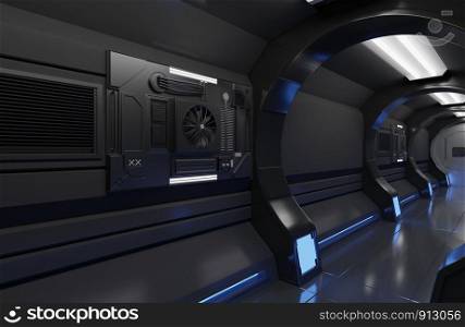 3D rendering futuristic Spaceship black interior with big tunnel,corridor, futuristic ,machine