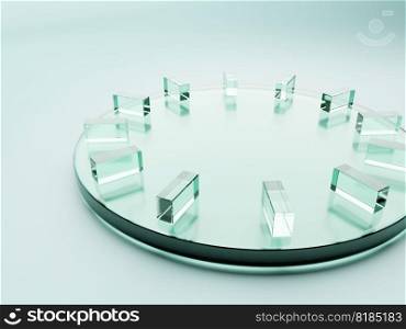 3D Rendering Geometric or Abstract Clock Shape Acrylic Glass Plates Product Display Background for Anti Aging Healthcare and Skincare Products.