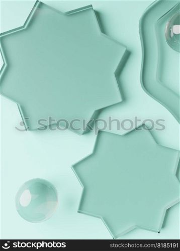 3D Rendering Geometric or Abstract Shape Acrylic Glass Plates Product Display Background for Summer Healthcare and Skincare Products.