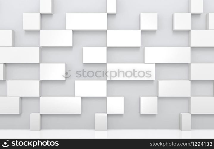 3d rendering. geometric sqaure rectangle shape box stack on gray wall background.