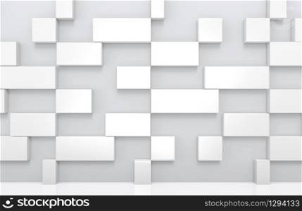 3d rendering. geometric sqaure rectangle shape box stack on gray wall background.