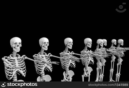 3d rendering. Ghost human skull skeleton bones team row on black background. Horror Halloween concept.