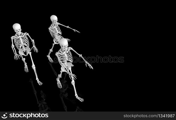 3d rendering. Ghost human skull skeleton bones walking on black background. Horror Halloween concept.