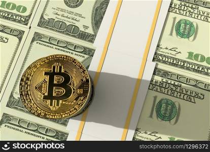 3d rendering. gold cryptocurrency bitcoin stack and US daollar banknote background.