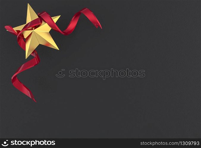3d rendering. Golden Five pointed star with Red ribbon on dark black cement wall background.