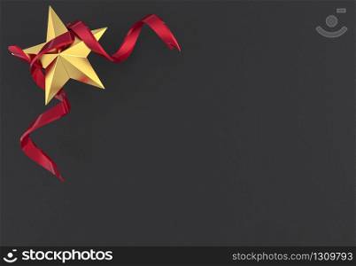 3d rendering. Golden Five pointed star with Red ribbon on dark black cement wall background.