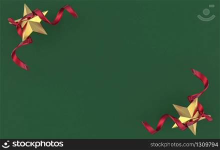 3d rendering. Golden Five pointed star with Red ribbon on dark green cement wall background.
