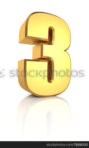 3d rendering golden number 3 isolated on white background