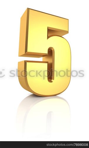 3d rendering golden number 5 isolated on white background