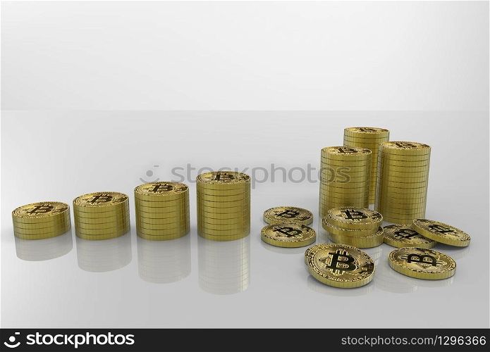 3d rendering. golden saving cryptocurrency bitcoin stacks on gray copy space background.
