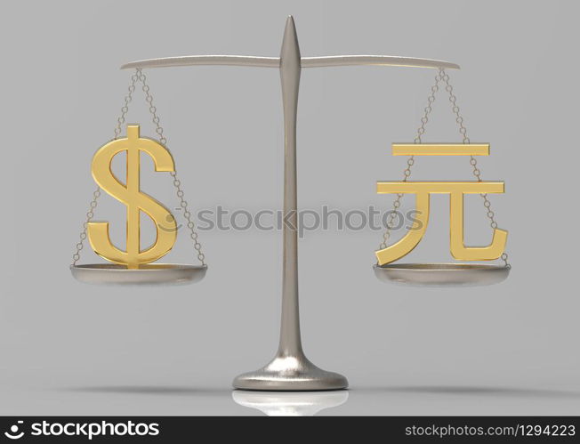 3d rendering. golden US dollar and chinese yuan currency sign comparing on balance scale.