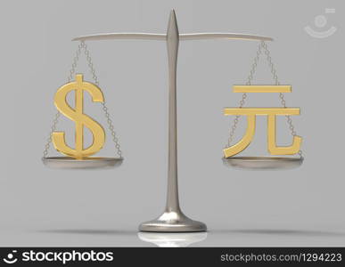 3d rendering. golden US dollar and chinese yuan currency sign comparing on balance scale.