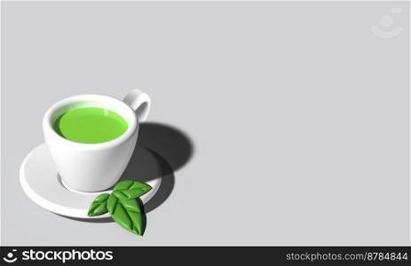 3d rendering green hot tea. 3d render of green tea on mug. Realistic 3d glass green tea cup