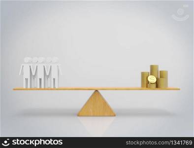 3d rendering. Group of golden coins stack and people on wood balance scale. Human resource value business concept.