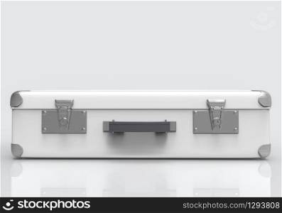 3d rendering. Handle side of white plastic suitcase and reflection on the floor with copy space gray color background for your message.