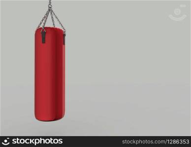 3d rendering. hanging red punching bag with copy space gray background.