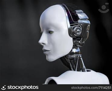 3D rendering head portrait of a female robot looking sad or serious. Dark background.. 3D rendering of female robot looking sad.