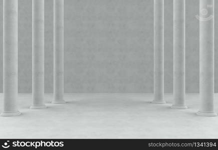 3d rendering. High roman style pole rows in empty cement room background.